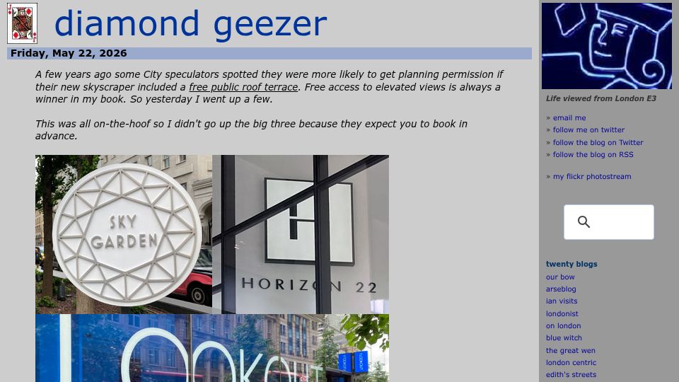 Screenshot of diamondgeezer.blogspot.com: London's Free Roof Terraces