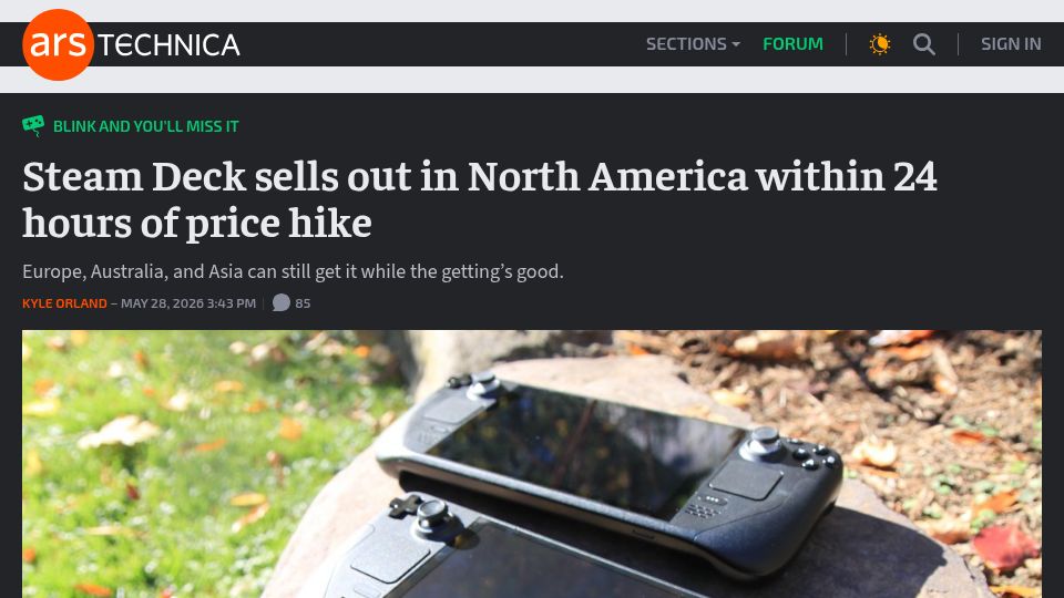 Screenshot of arstechnica.com: Steam Deck sells out in North America within 24 hours of price hike