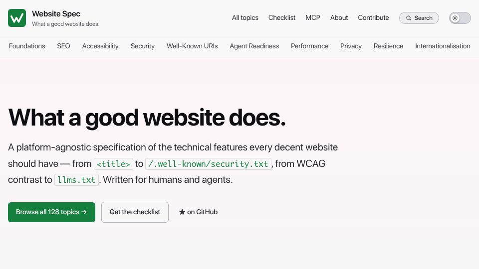 Screenshot of specification.website: The Website Specification