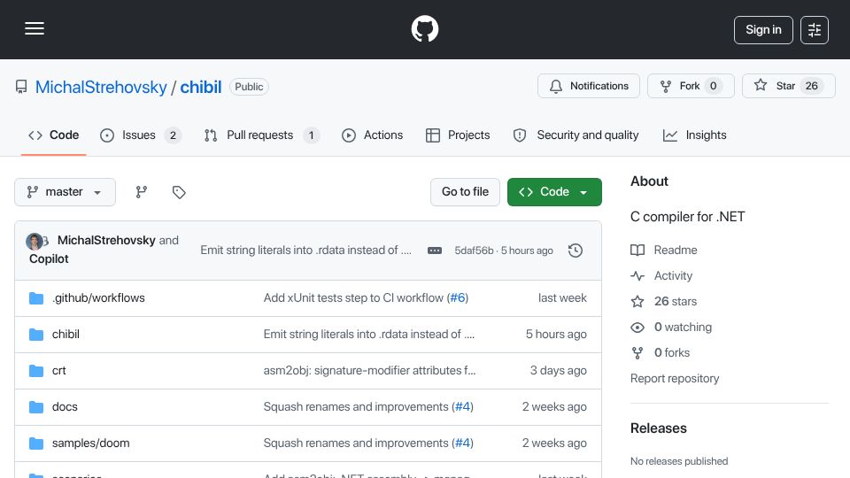 Screenshot of github.com: Chibil: A C compiler targeting .NET IL