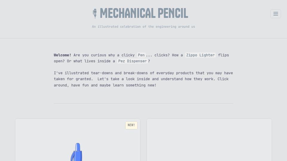 Screenshot of mechanical-pencil.com: Mechanical Pencil: An illustrated celebration of the engineering around us