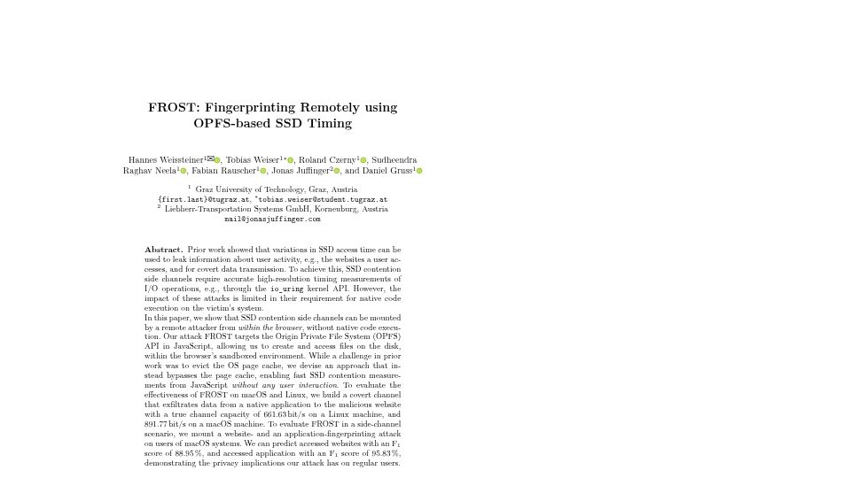 Screenshot of hannesweissteiner.com: FROST: Fingerprinting Remotely using OPFS-based SSD Timing [pdf]