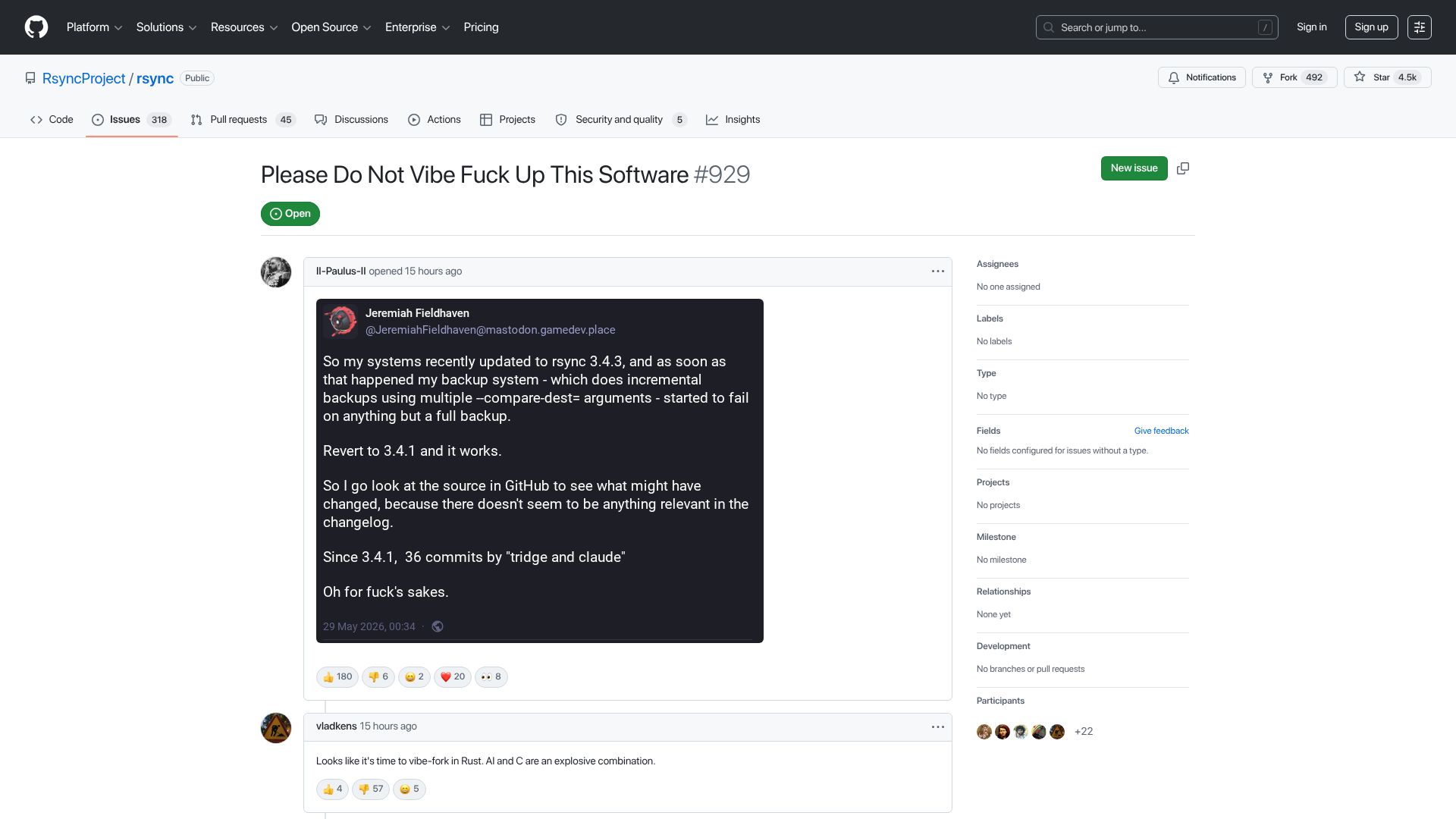 Screenshot of github.com: Please Do Not Vibe Fuck Up This Software