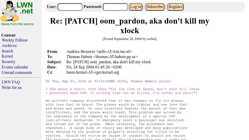 Screenshot of lwn.net: Re: [PATCH] OOM_pardon, a.k.a. don't kill my xlock (2004)