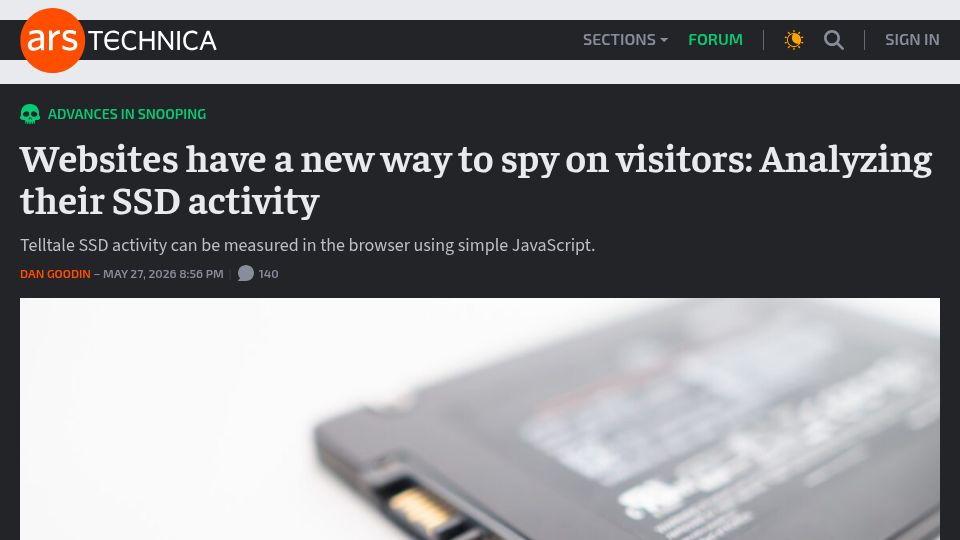 Screenshot of arstechnica.com: Websites have a new way to spy on visitors: analyzing their SSD activity
