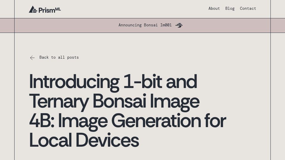 Screenshot of prismml.com: 1-Bit Bonsai Image 4B Image Generation for Local Devices