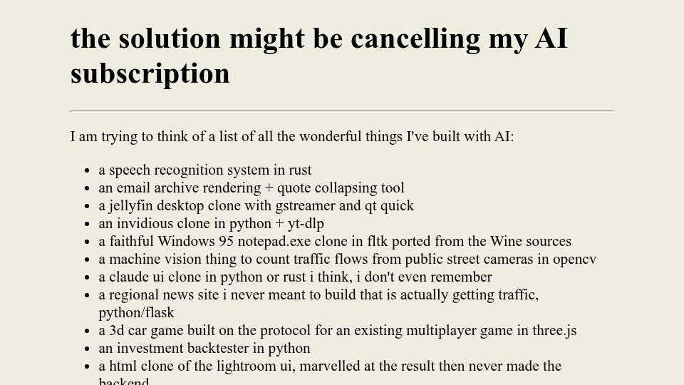 Screenshot of thoughts.hmmz.org: The solution might be cancelling my AI subscription