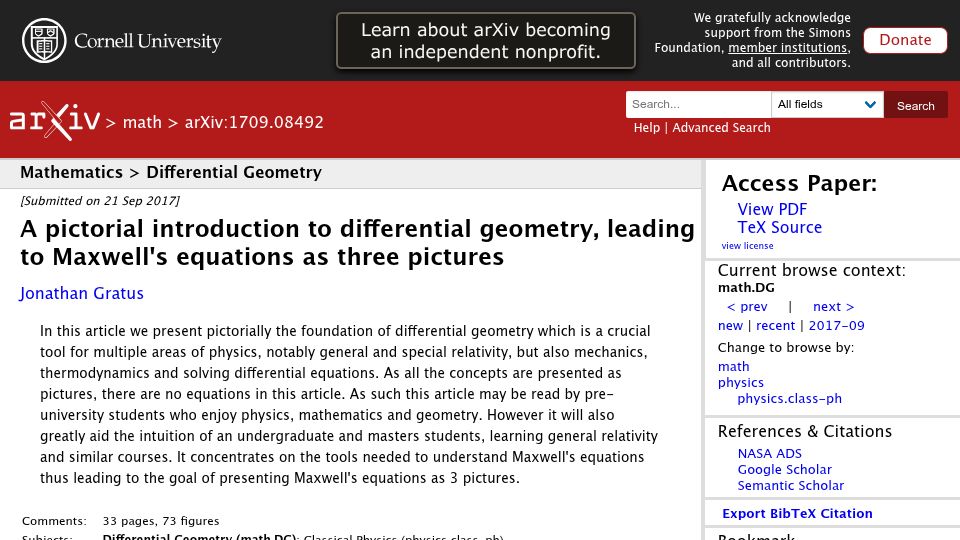 Screenshot of arxiv.org: A pictorial introduction to differential geometry (2017)