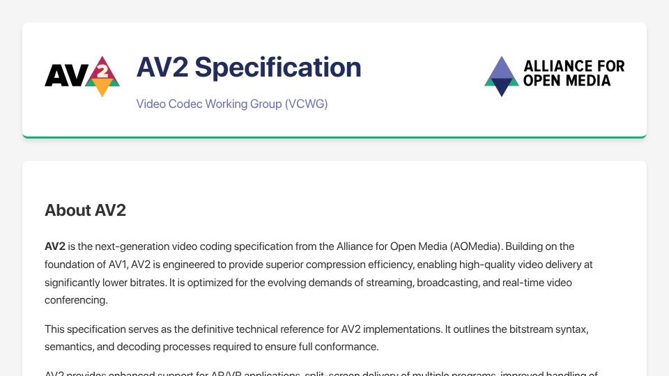 Screenshot of av2.aomedia.org: The AV2 Video Standard Has Released (Final v1.0 Specification)