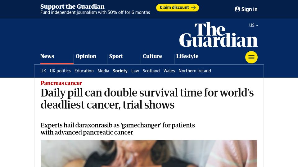 Screenshot of theguardian.com: Daily pill can double survival time for deadliest cancer, trial shows