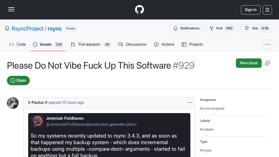 Screenshot of github.com: Please Do Not Vibe Fuck Up This Software