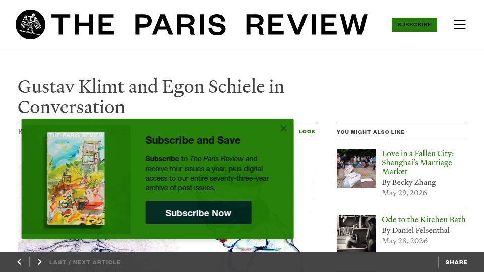 Screenshot of theparisreview.org: Gustav Klimt and Egon Schiele in Conversation (2018)
