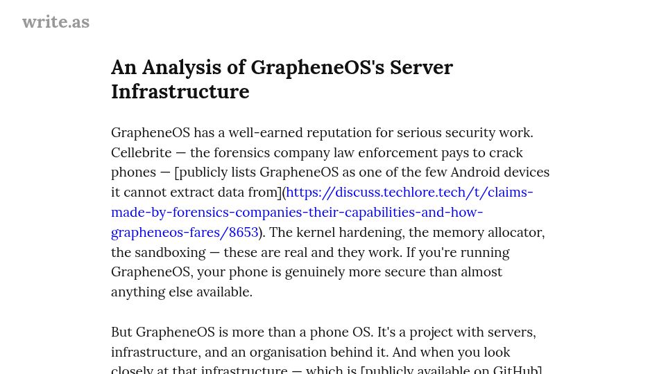 Screenshot of write.as: An Analysis of GrapheneOS's Server Infrastructure