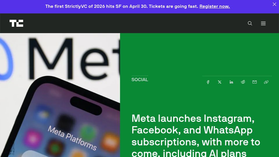Screenshot of techcrunch.com: Meta launches Instagram, Facebook, and WhatsApp subscriptions