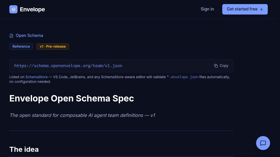 Screenshot of openenvelope.org: Show HN: Open Envelope – an open schema for defining AI agent teams