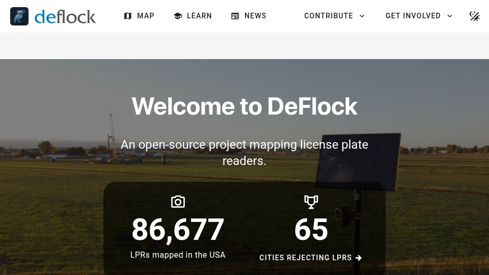 Screenshot of deflock.org: Deflock hits 100k ALPRs Mapped in USA