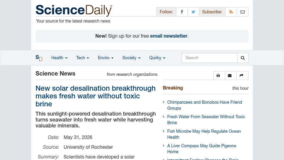 Screenshot of sciencedaily.com: New solar desalination breakthrough makes fresh water without toxic brine