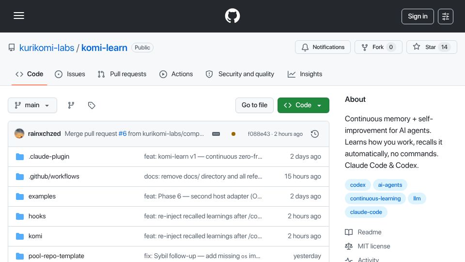 Screenshot of github.com: Show HN: Komi-learn – continuous memory and self-improvement for coding agents