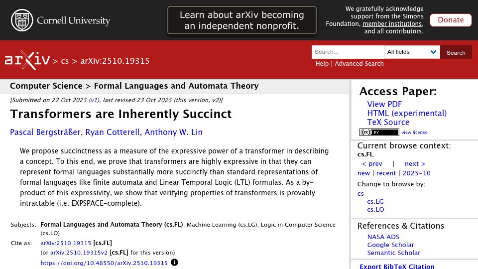 Screenshot of arxiv.org: Transformers Are Inherently Succinct (2025)