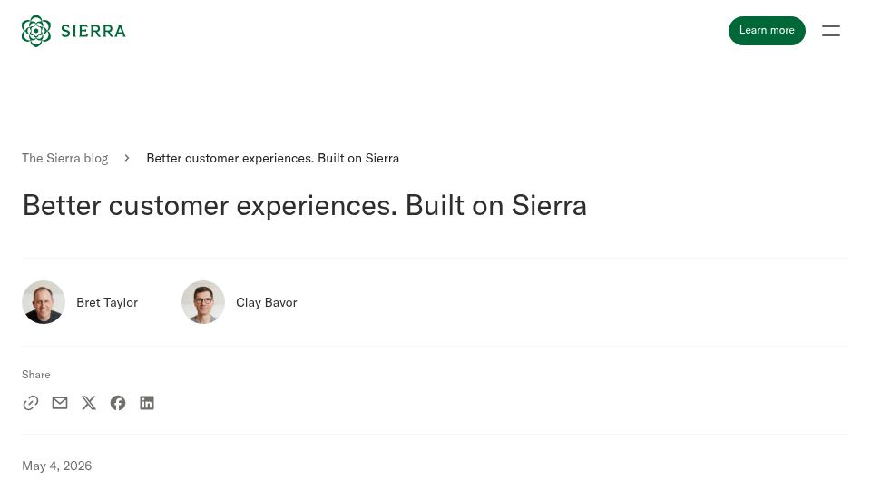 Screenshot of sierra.ai: Sierra Raises $950M at $15B Valuation