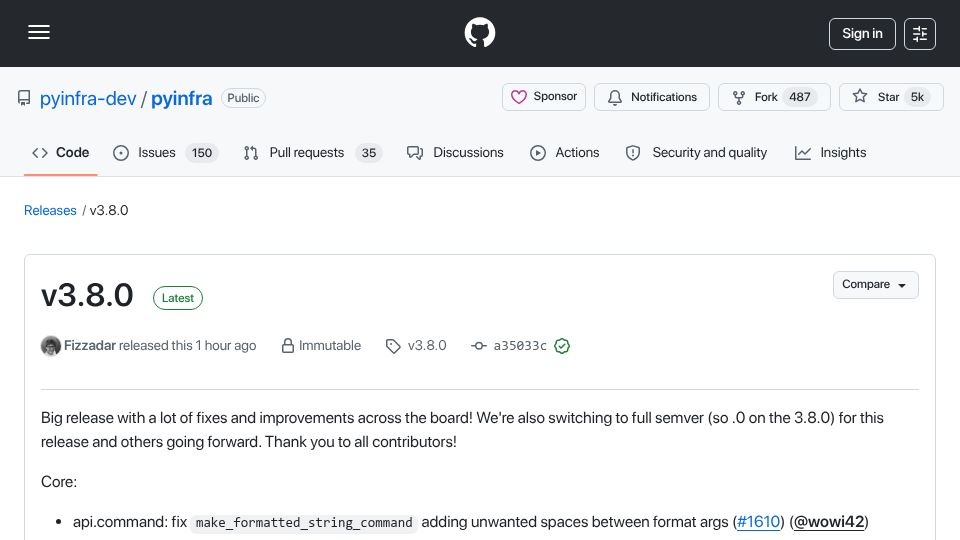 Screenshot of github.com: PyInfra 3.8.0