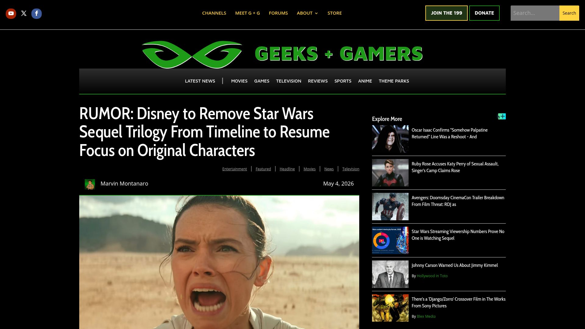 Screenshot of geeksandgamers.com: Rumor: Disney to Remove Star Wars Sequel Trilogy from Timeline