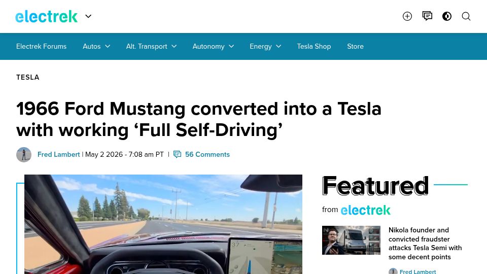 Screenshot of electrek.co: 1966 Ford Mustang Converted into a Tesla with Working 'Full Self-Driving'