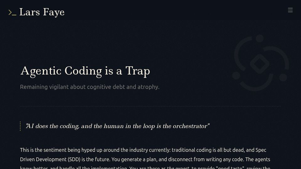 Screenshot of larsfaye.com: Agentic Coding Is a Trap