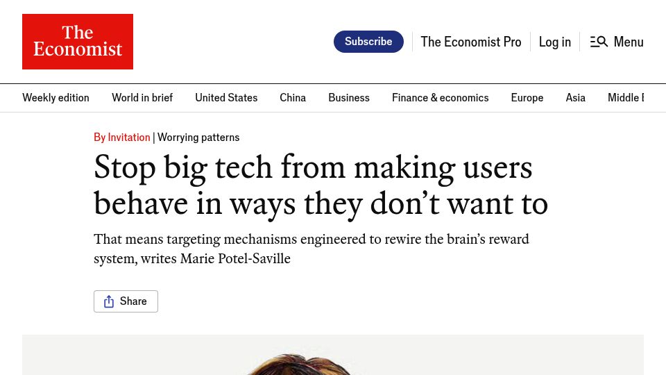 Screenshot of economist.com: Stop big tech from making users behave in ways they don't want to