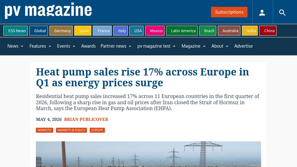 Screenshot of pv-magazine.com: Heat pump sales rise across Europe