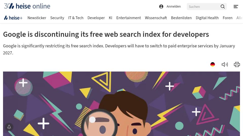 Screenshot of heise.de: Google is discontinuing its free web search index for developers