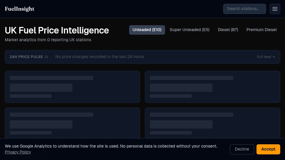 Screenshot of fuelinsight.co.uk: UK Fuel Price Intelligence – Market analytics from reporting stations
