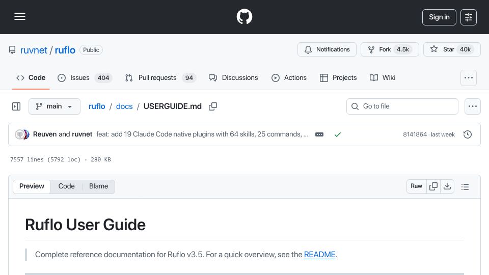 Screenshot of github.com: Ruflo: Multi-agent AI orchestration for Claude Code