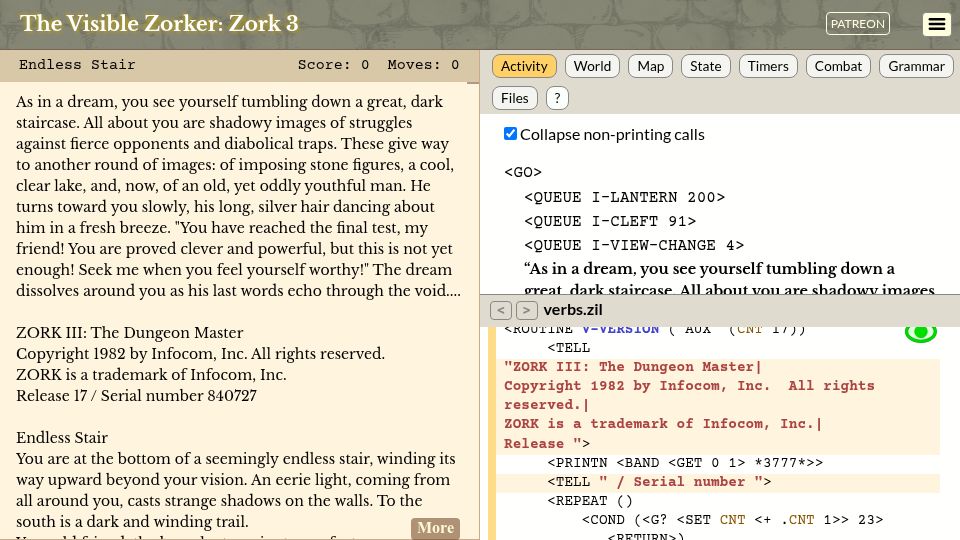 Screenshot of eblong.com: The Visible Zorker: Zork 3