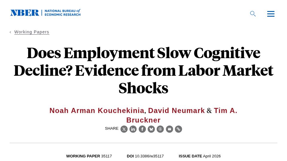Screenshot of nber.org: Does Employment Slow Cognitive Decline? Evidence from Labor Market Shocks