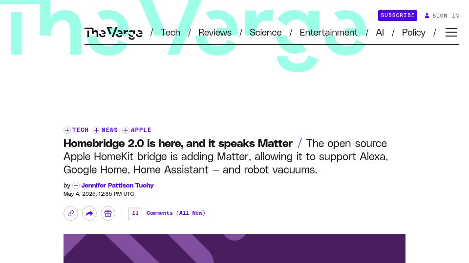 Screenshot of theverge.com: Homebridge 2.0 is here, and it speaks Matter