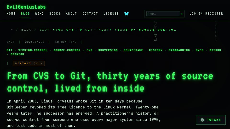 Screenshot of evilgeniuslabs.ca: From CVS to Git, thirty years of source control