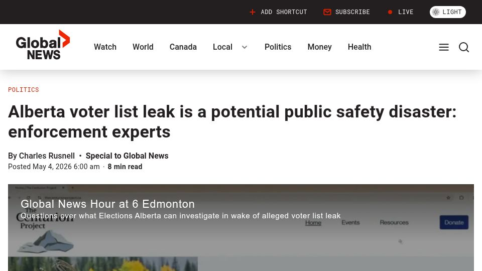 Screenshot of globalnews.ca: Alberta voter list leak is a potential public safety disaster