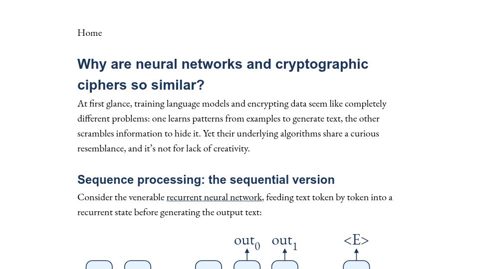 Screenshot of reiner.org: Why are neural networks and cryptographic ciphers so similar? (2025)