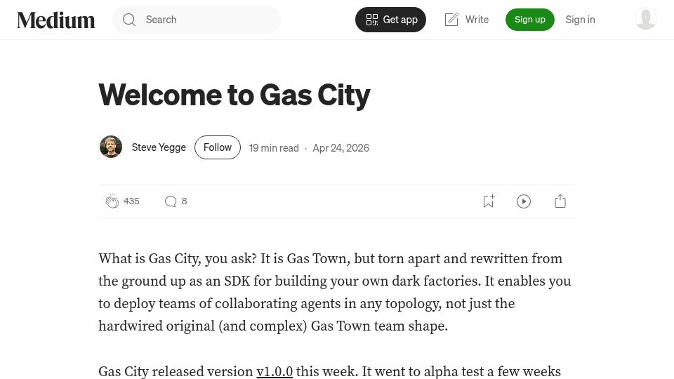 Screenshot of steve-yegge.medium.com: Welcome to Gas City