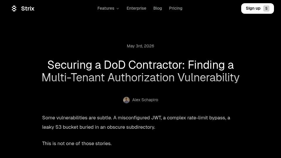 Screenshot of strix.ai: Securing a DoD contractor: Finding a multi-tenant authorization vulnerability