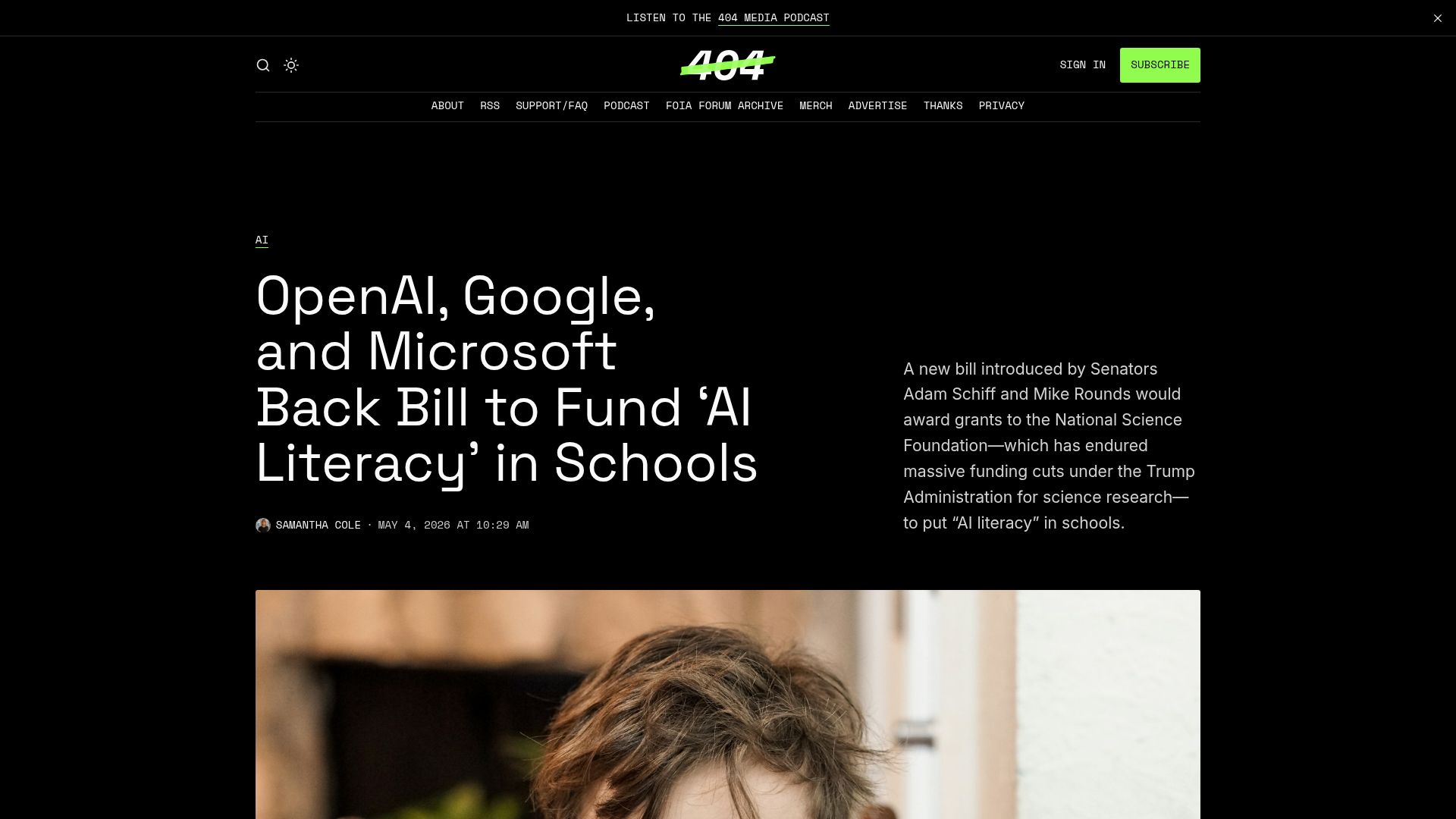 Screenshot of 404media.co: OpenAI, Google, and Microsoft Back Bill to Fund 'AI Literacy' in Schools