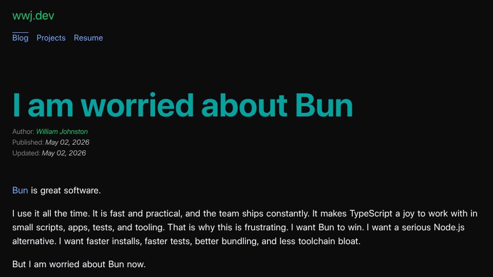 Screenshot of wwj.dev: I am worried about Bun