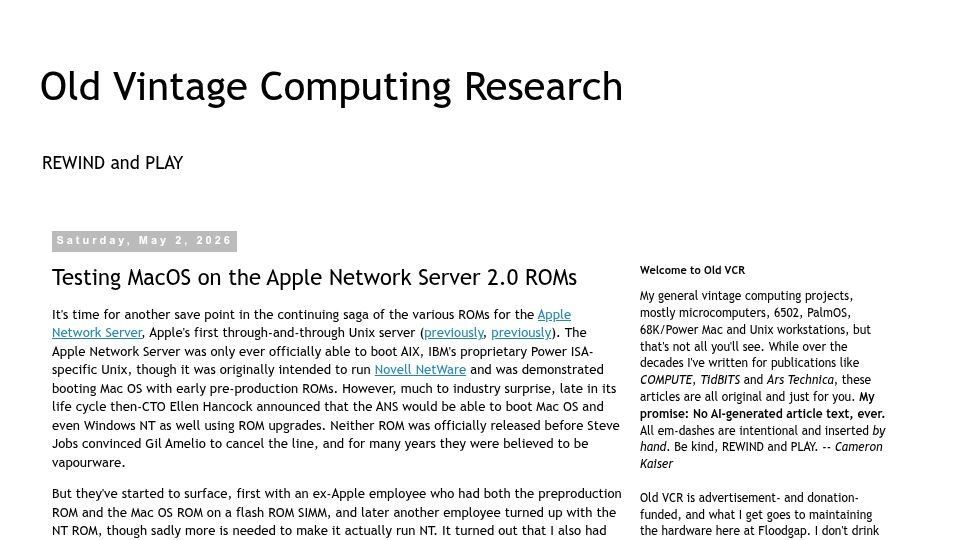 Screenshot of oldvcr.blogspot.com: Testing Mac OS on the Apple Network Server 2.0 ROMs