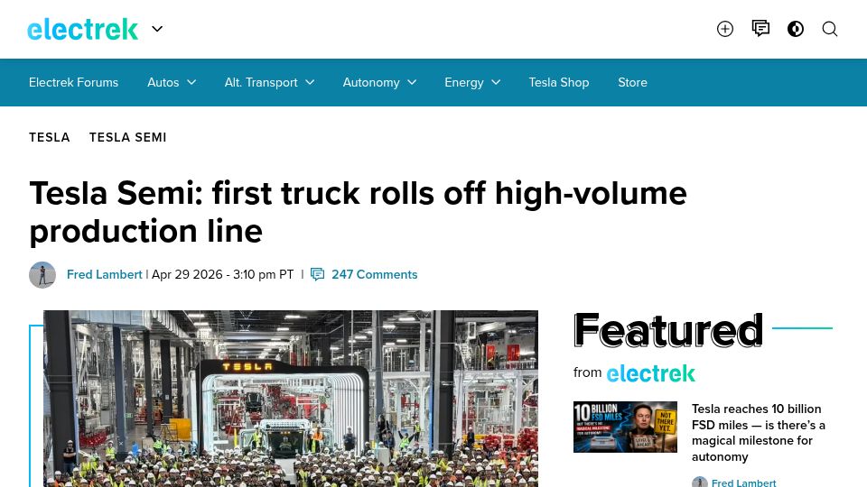 Screenshot of electrek.co: First Tesla Semi Rolls Off High-Volume Production Line