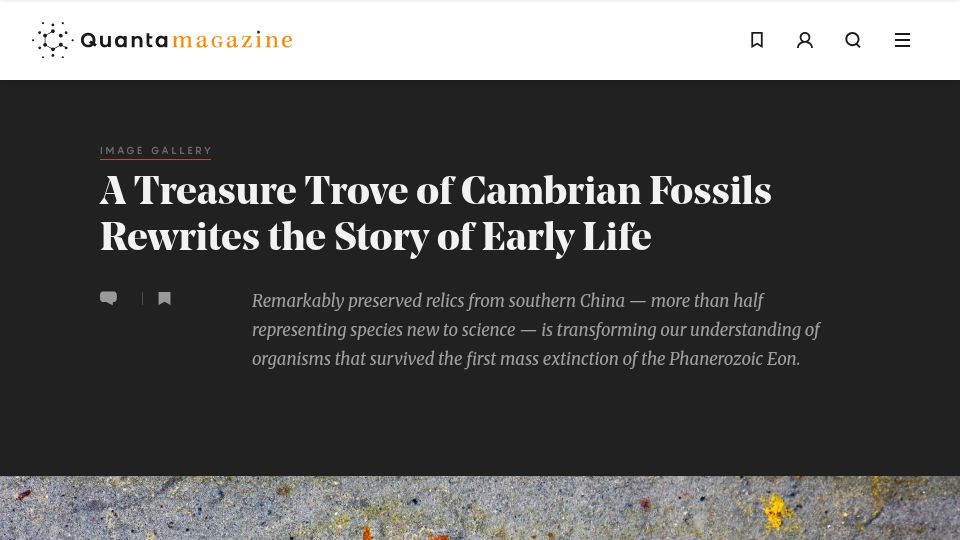 Screenshot of quantamagazine.org: A treasure trove of fossils rewrites the story of early life