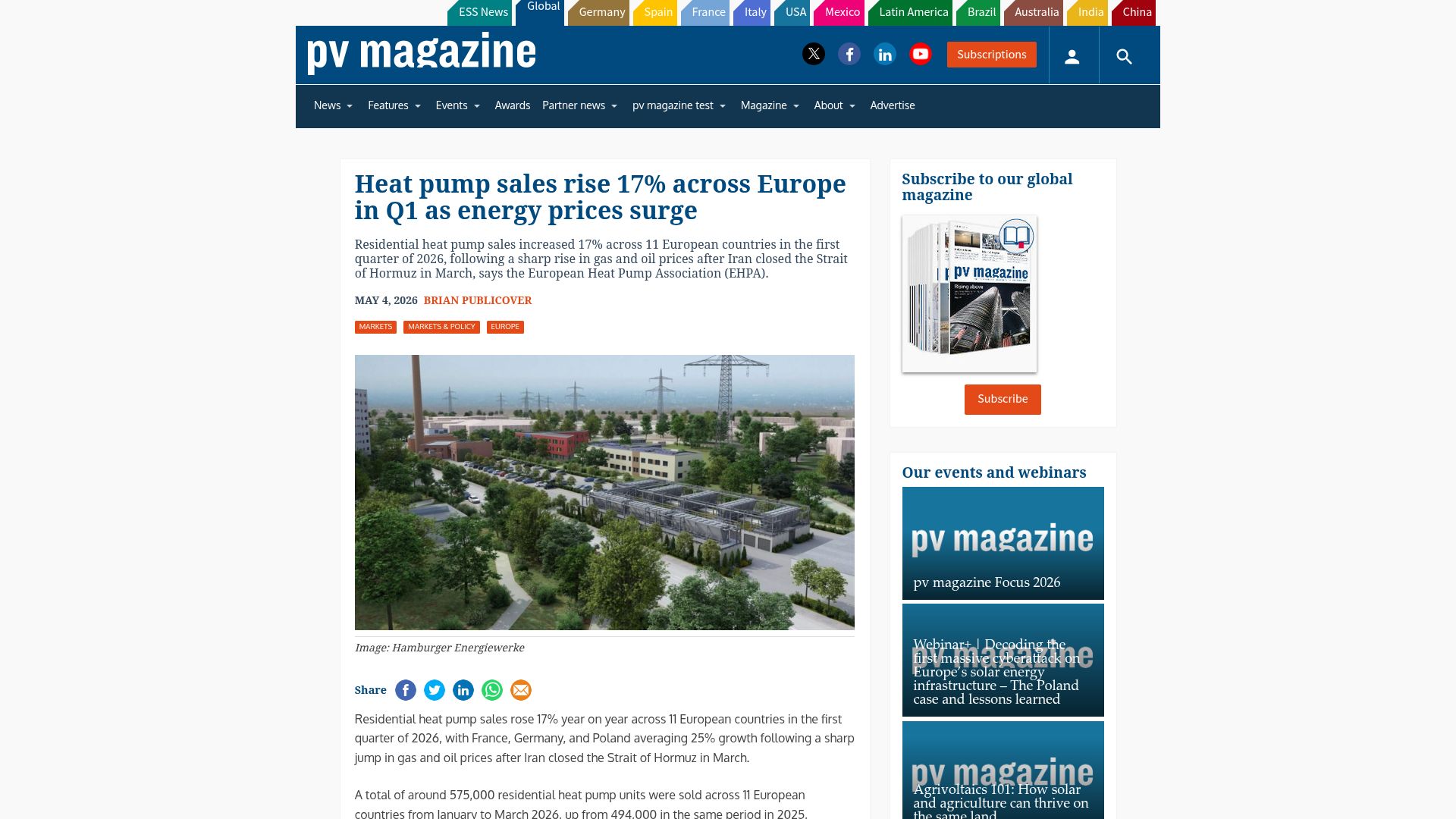 Screenshot of pv-magazine.com: Heat pump sales rise across Europe
