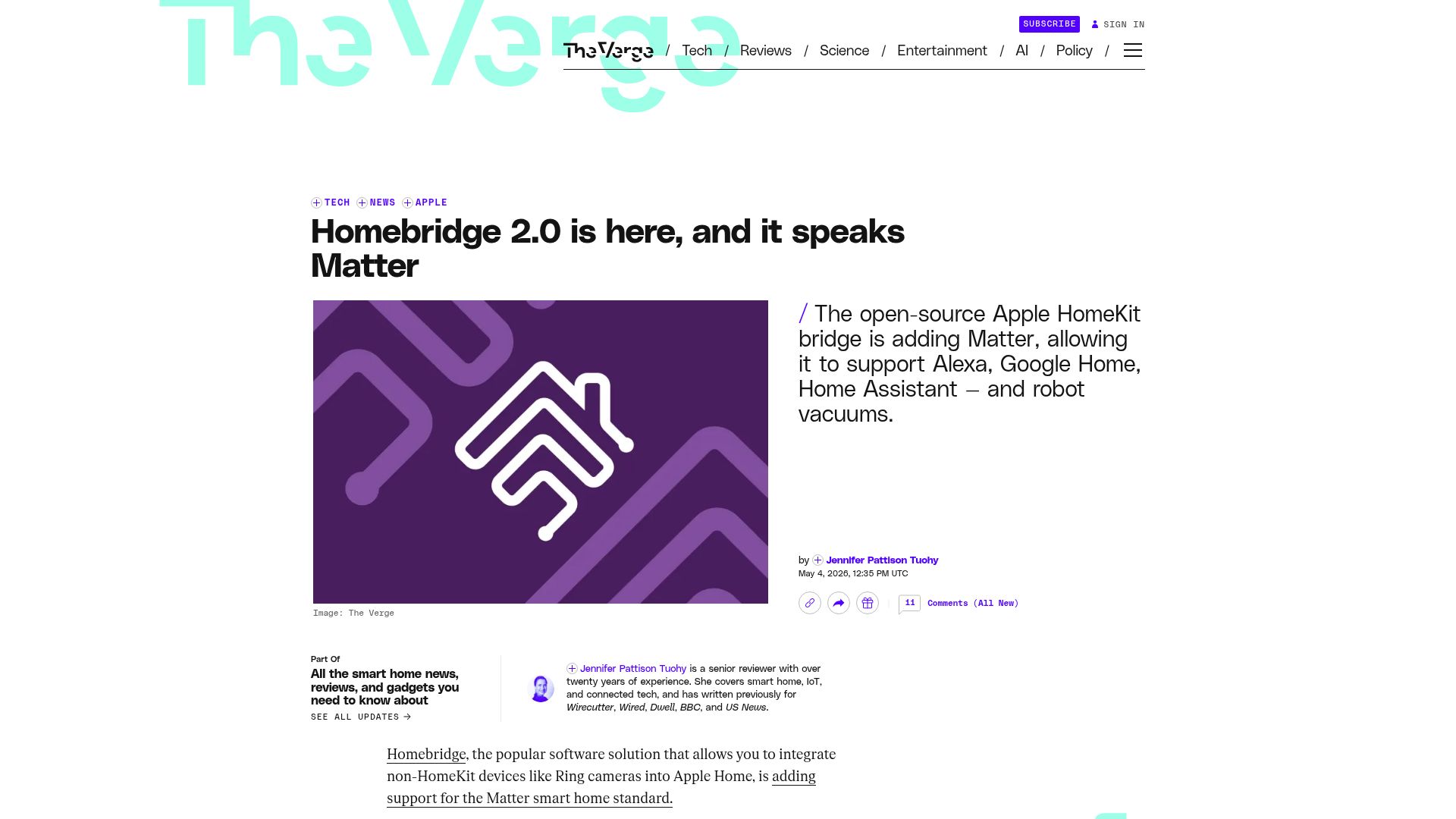 Screenshot of theverge.com: Homebridge 2.0 is here, and it speaks Matter