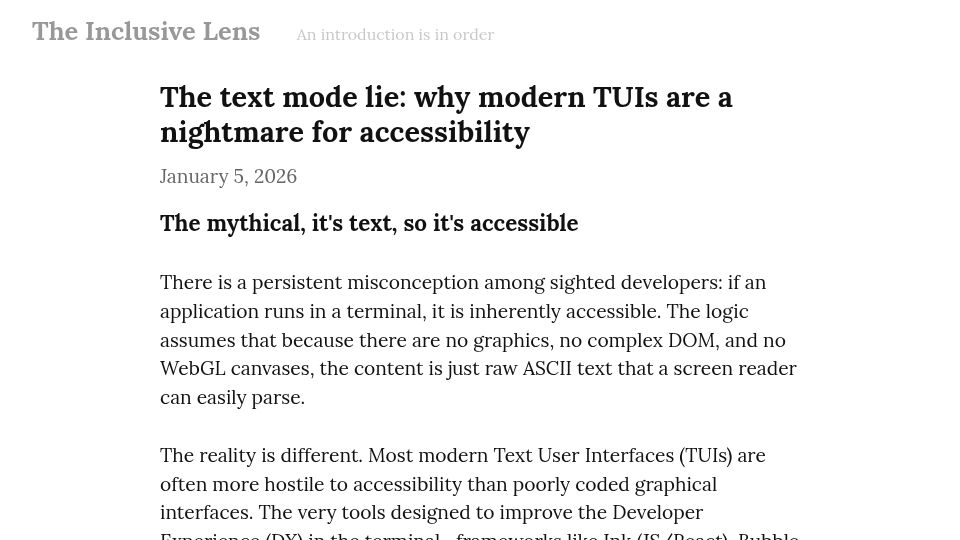 Screenshot of xogium.me: The text mode lie: why modern TUIs are a nightmare for accessibility
