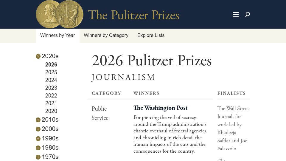 Screenshot of pulitzer.org: Pulitzer Prize Winners 2026